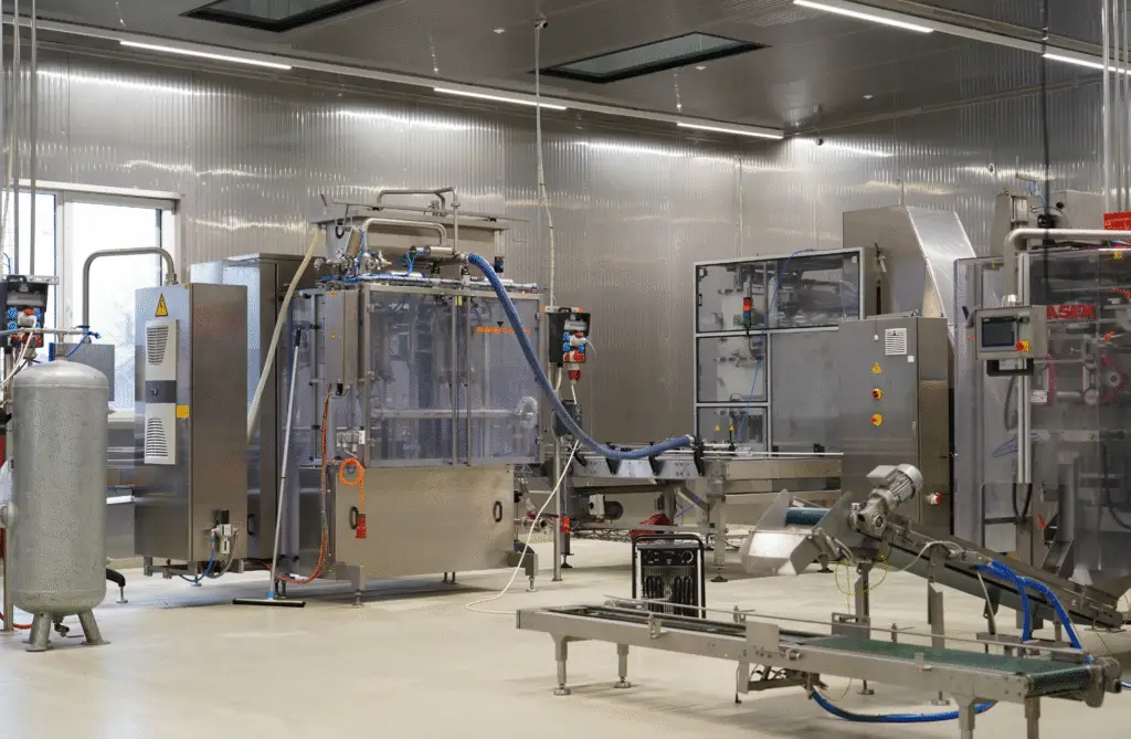 Produktionshalle mit Abfüll- und Verarbeitungsanlagen