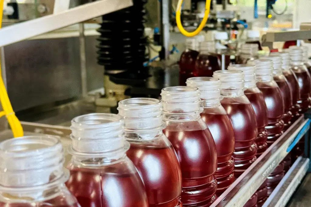 Abgefüllte Saucenflaschen in der Produktion